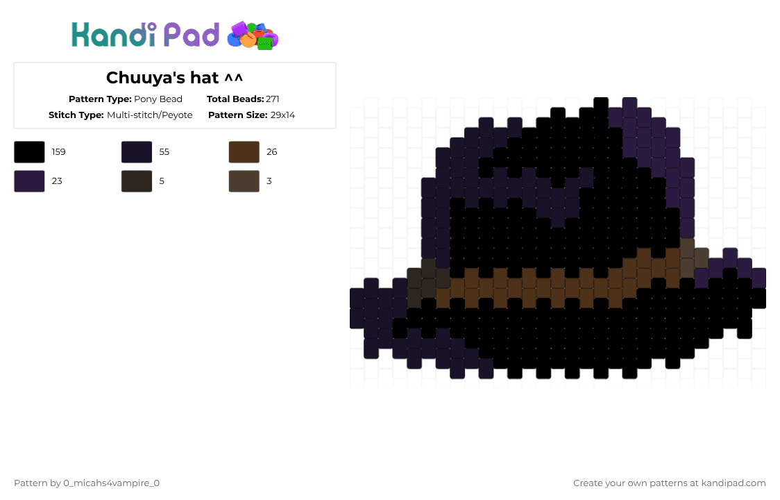 Chuuya\'s hat ^^ - Pony Bead Pattern by 0_micahs4vampire_0 on Kandi Pad - black,bsd,bungoustraydogs,bungo stray dogs,bungou,chuuya,nakahara,hat,perry the platypus
