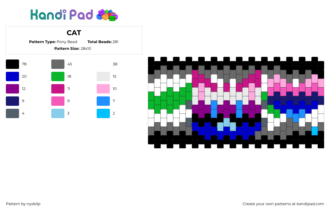 CAT - Pony Bead Pattern by nyxblip on Kandi Pad - agender,genderfluid,omnisexual,pride,cat,cuff,pink,gray,black,blue