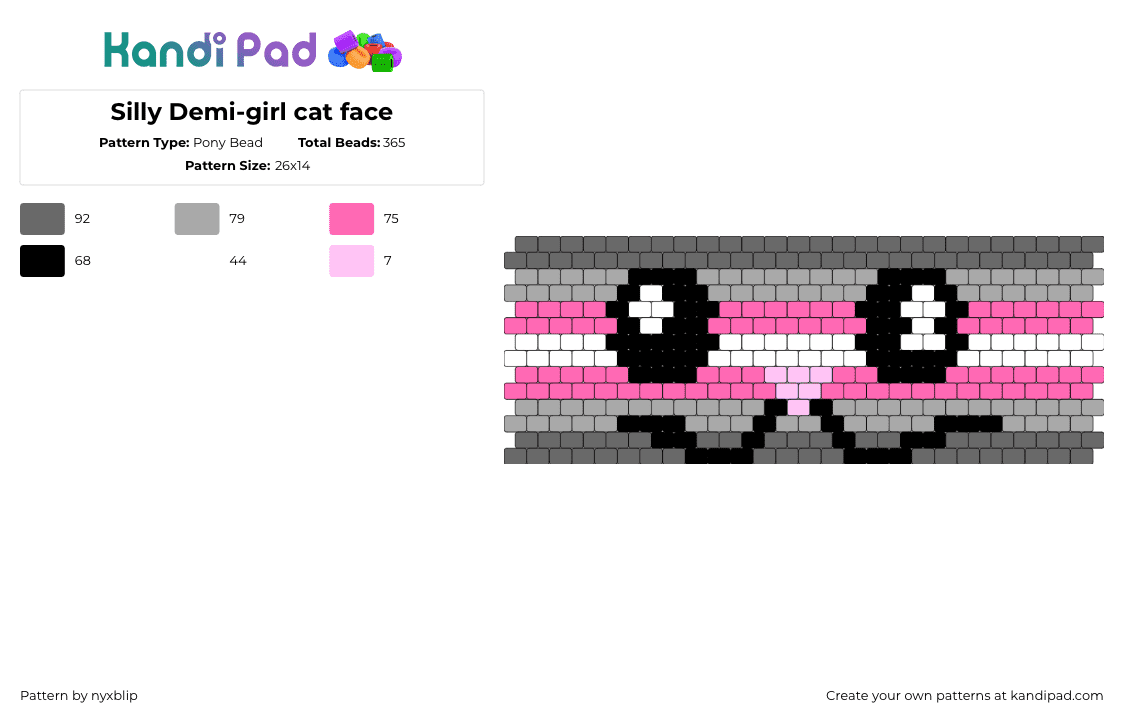 Silly Demi-girl cat face - Pony Bead Pattern by nyxblip on Kandi Pad - demigirl,pride,cat,face,cuff,gray,pink