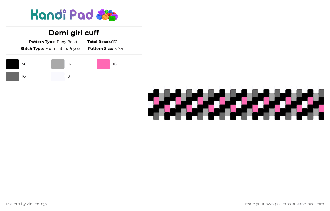 Demi girl cuff - Pony Bead Pattern by 0_micahs4vampire_0 on Kandi Pad - black,beige,pink,gray