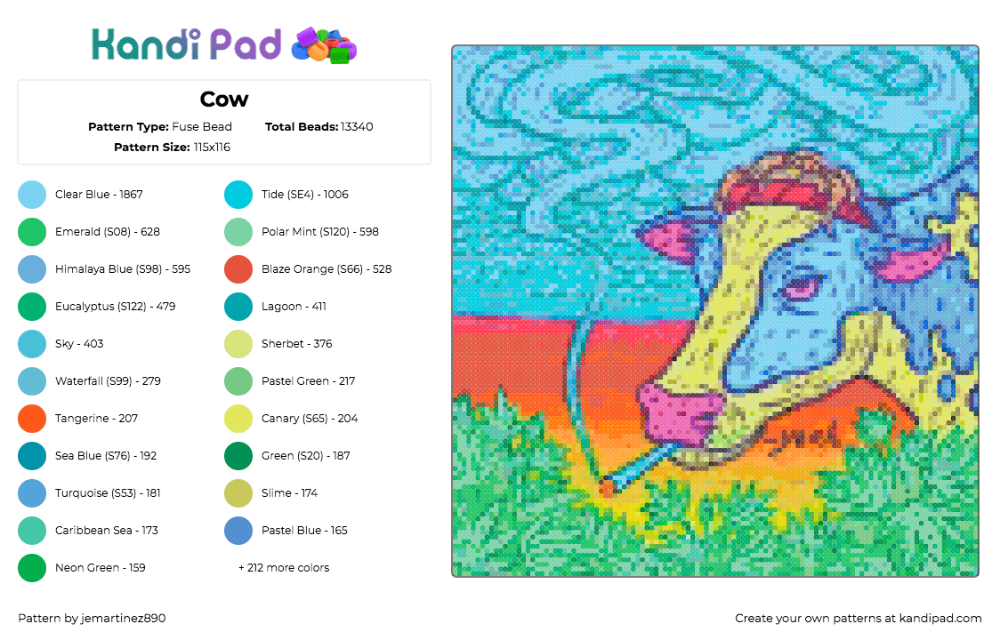 Cow - Fuse Bead Pattern by jemartinez890 on Kandi Pad - cow,hippie,weed,animal,farm,smoke,trippy,colorful,sunset,panel,green,teal,yellow,orange