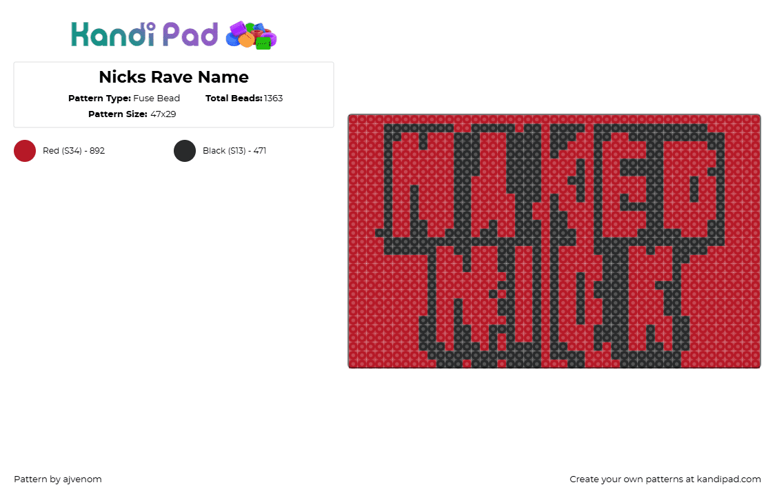 Nicks Rave Name - Fuse Bead Pattern by ajvenom on Kandi Pad - naked nick,sign,rave,text,graffiti,music,edm,red,black