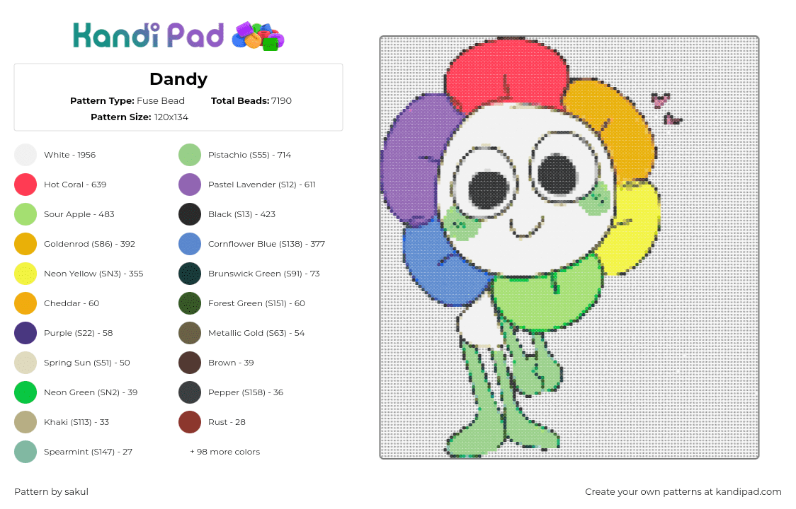 Dandy - Fuse Bead Pattern by sakul on Kandi Pad - dandy,dandys world,character,flower,colorful,video game,horror,green,white