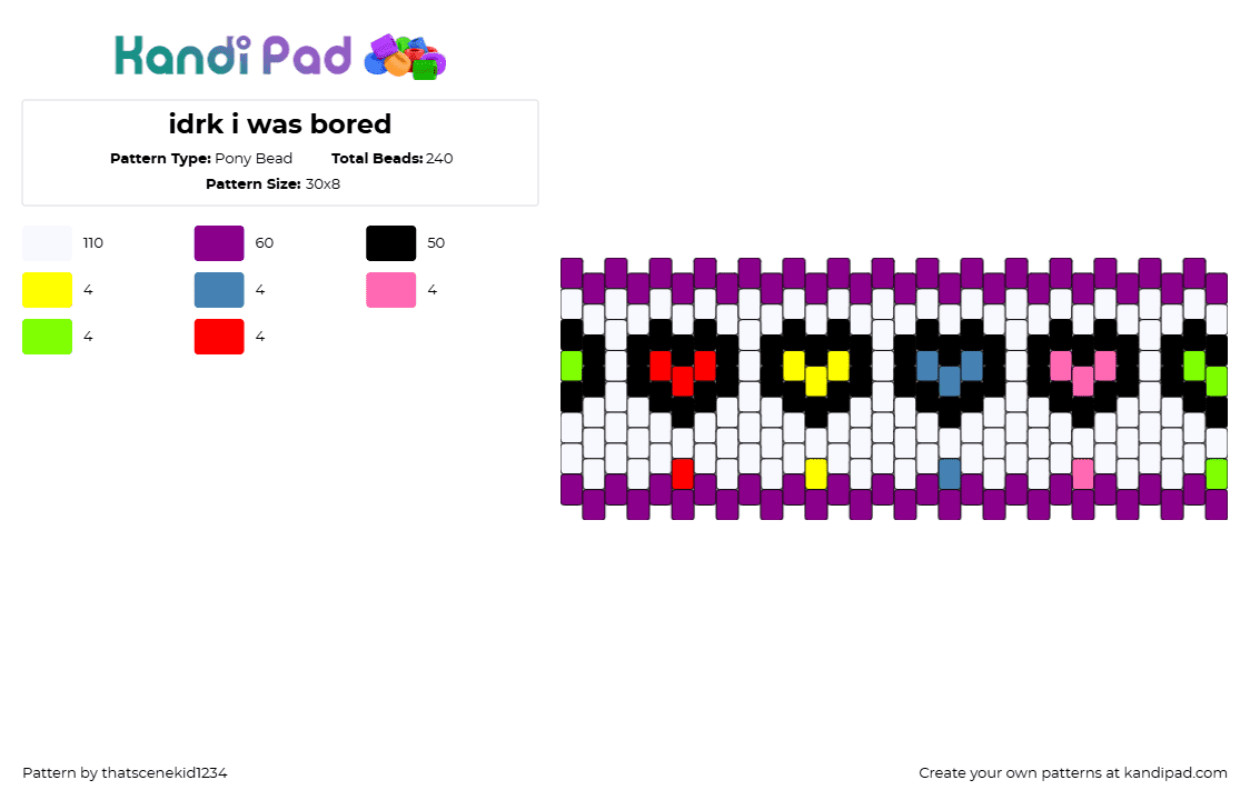 idrk i was bored - Pony Bead Pattern by thatscenekid1234 on Kandi Pad - hearts,repeating,love,colorful,valentine,bright,cuff,white,purple