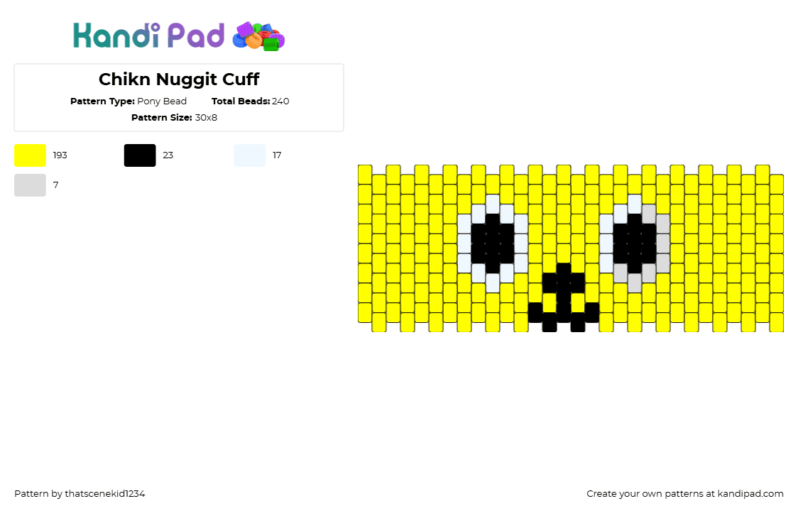 Chikn Nuggit Cuff - Pony Bead Pattern by thatscenekid1234 on Kandi Pad - chikn nuggit,face,eyes,character,animation,cute,cuff,yellow