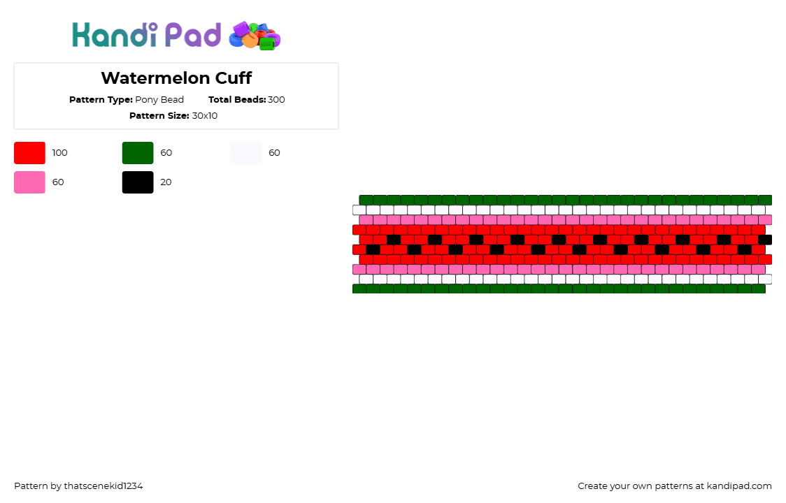 Watermelon Cuff - Pony Bead Pattern by thatscenekid1234 on Kandi Pad - watermelon,fruit,summer,food,cuff,red,green