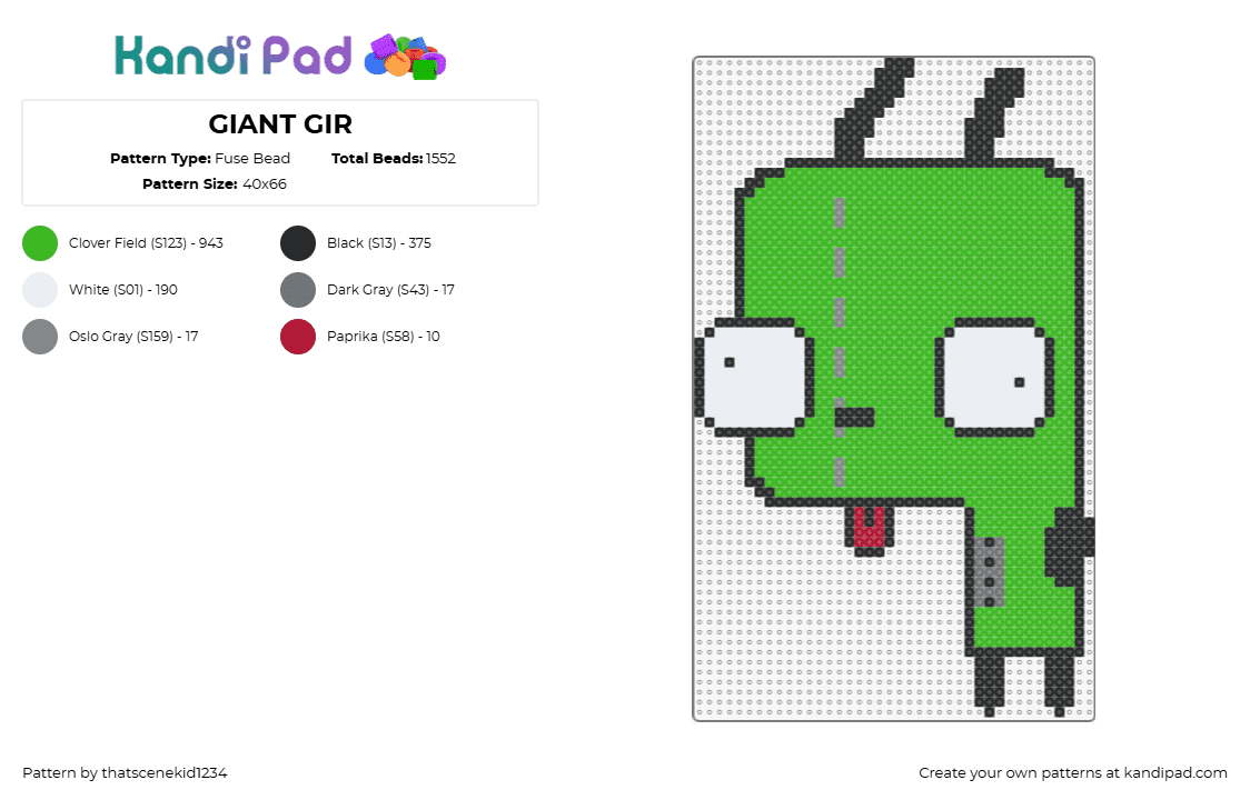 GIANT GIR - Fuse Bead Pattern by thatscenekid1234 on Kandi Pad - gir,invader zim,costume,character,cartoon,tv show,dog,green