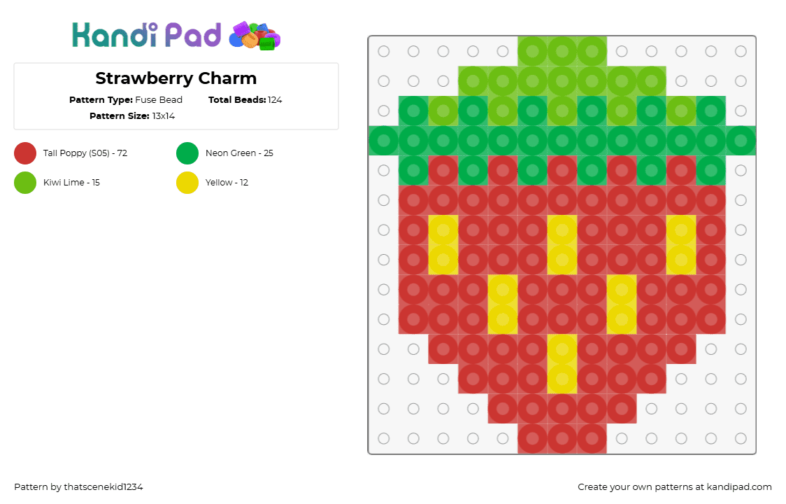 Strawberry Charm - Fuse Bead Pattern by thatscenekid1234 on Kandi Pad - strawberry,fruit,food,red,green,yellow