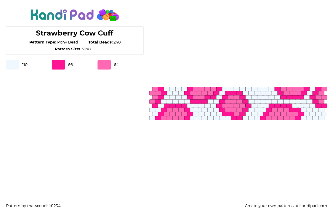 Strawberry Cow Cuff - Pony Bead Pattern by thatscenekid1234 on Kandi Pad - cow,animal print,spots,cuff,strawberry,pink,white