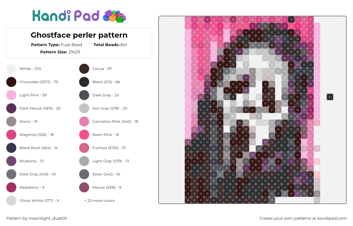 Ghostface perler pattern - Fuse Bead Pattern by moonlight_dust00 on Kandi Pad - ghostface,scream,portrait,horror,slasher,movie,black,gray,pink