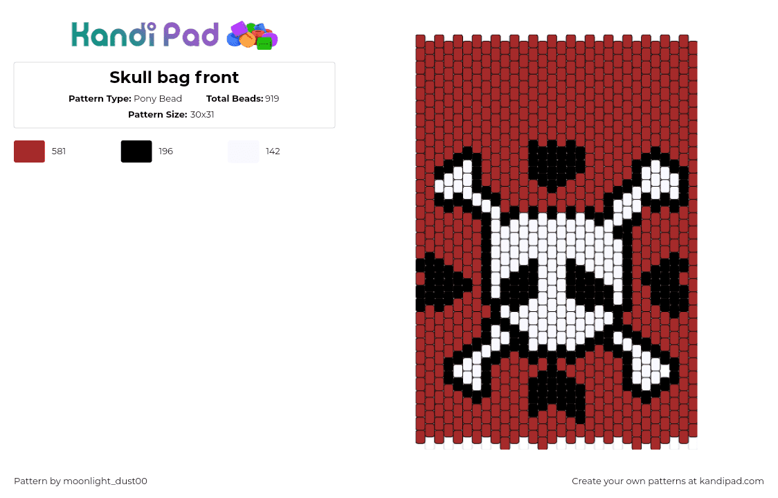 Skull bag front - Pony Bead Pattern by moonlight_dust00 on Kandi Pad - skull,crossbones,bag,panel,white,red