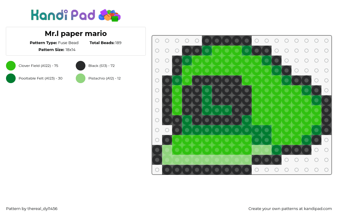 Mr.l paper mario - Fuse Bead Pattern by thereal_dyl1456 on Kandi Pad - mr l,luigi,hat,mario,nintendo,video game,green