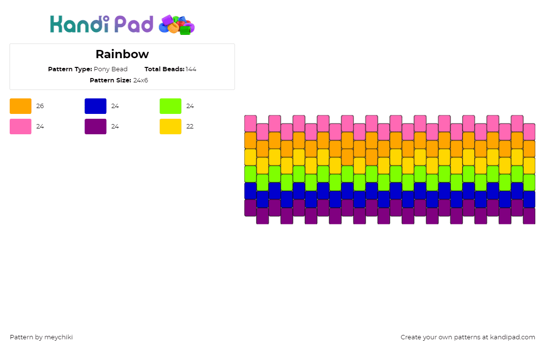 Rainbow - Pony Bead Pattern by meychiki on Kandi Pad - colorful,cuff,pink,orange,blue,green