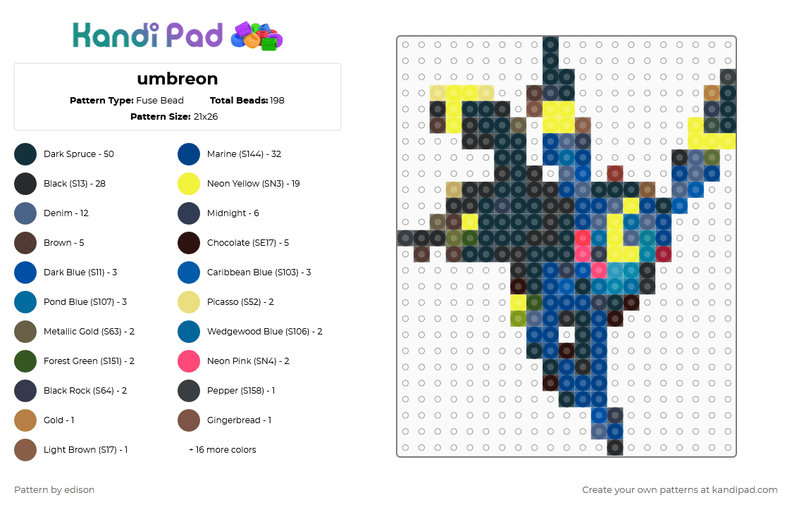 umbreon - Fuse Bead Pattern by edison on Kandi Pad - black,yellow,brown,blue