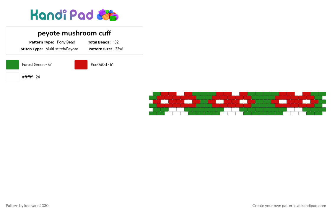 peyote mushroom cuff - Pony Bead Pattern by keelyann2030 on Kandi Pad - green, red