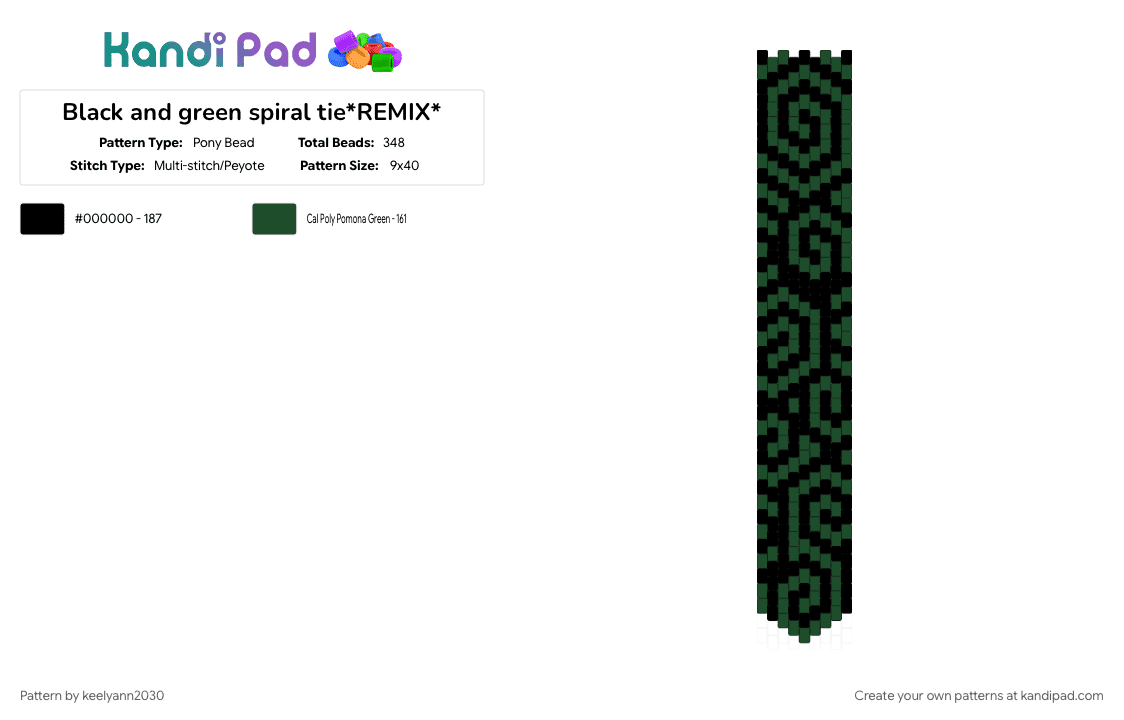 Black and green spiral tie*REMIX* - Pony Bead Pattern by keelyann2030 on Kandi Pad - black