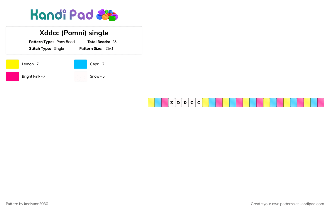 Xddcc (Pomni) single - Pony Bead Pattern by keelyann2030 on Kandi Pad - light blue, pink, yellow