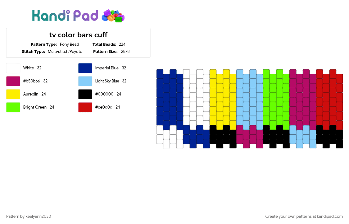 tv color bars cuff - Pony Bead Pattern by keelyann2030 on Kandi Pad - light blue, pink, purple