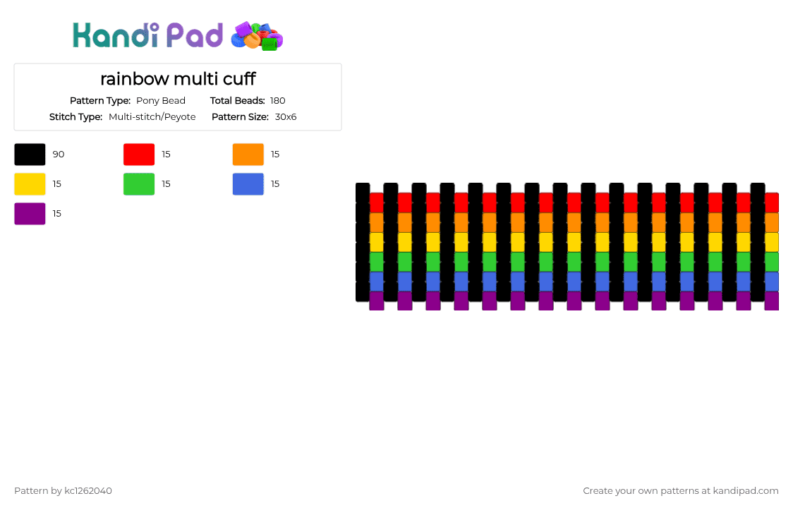 rainbow multi cuff - Pony Bead Pattern by kc1262040 on Kandi Pad - black,orange,green,pink,colorful