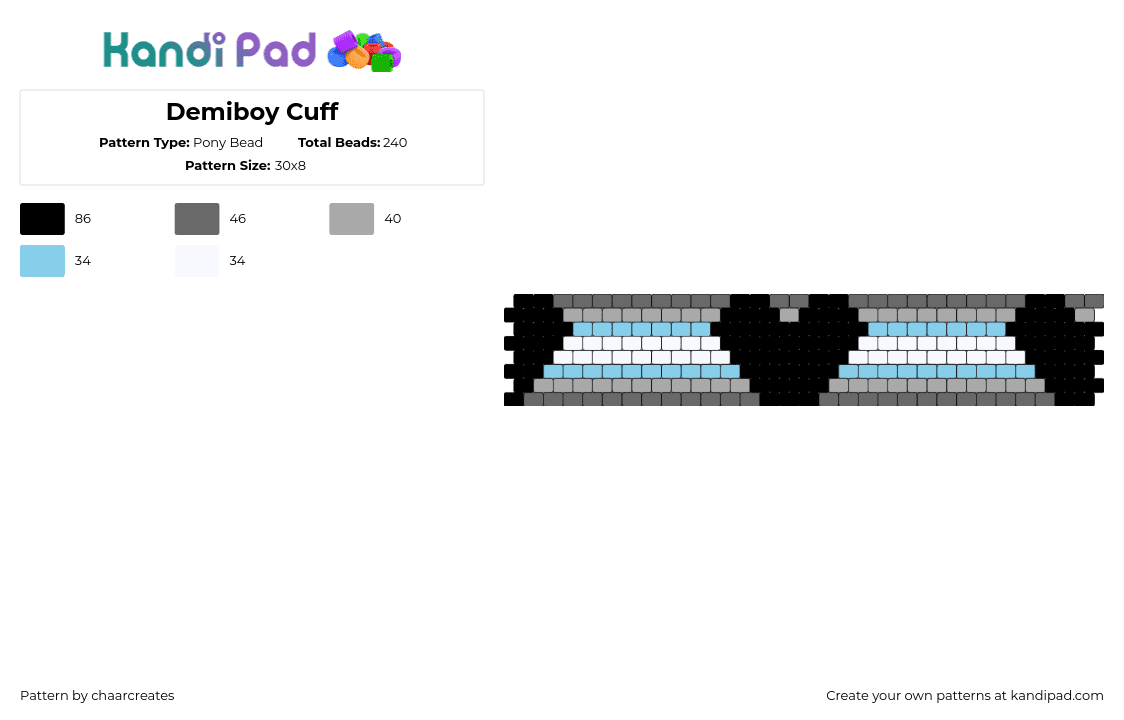 Demiboy Cuff - Pony Bead Pattern by chaarcreates on Kandi Pad - demiboy,hearts,pride,cuff,black,gray,light blue