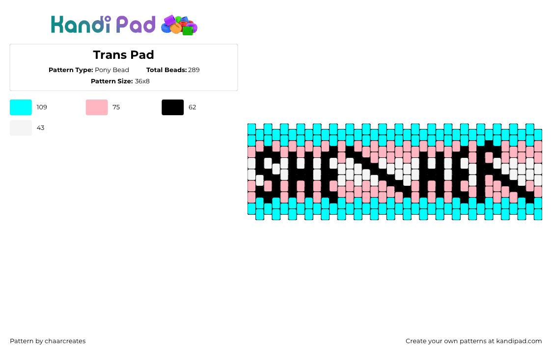 Trans Pad - Pony Bead Pattern by chaarcreates on Kandi Pad - she,her,pronouns,gender,pride,trans,cuff,teal,pink,black