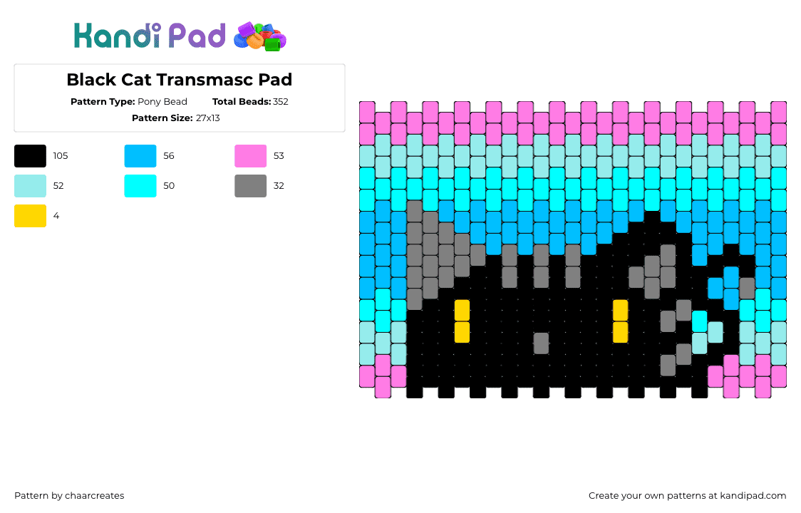 Black Cat Transmasc Pad - Pony Bead Pattern by chaarcreates on Kandi Pad - transmasc,cat,pride,kitty,panel,black,light blue,teal,pink