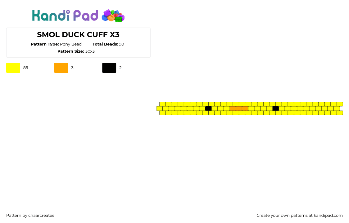 SMOL DUCK CUFF X3 - Pony Bead Pattern by chaarcreates on Kandi Pad - duck,bird,animal,face,cute,bracelet,cuff,yellow