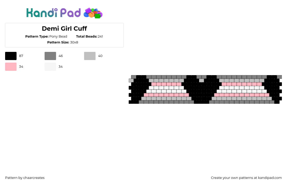 Demi Girl Cuff - Pony Bead Pattern by chaarcreates on Kandi Pad - demigirl,hearts,pride,cuff,black,gray,pink