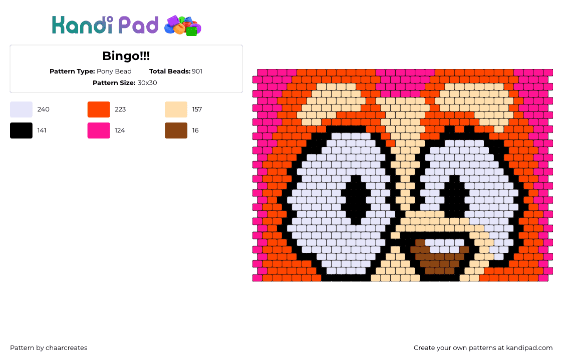 Bingo!!! - Pony Bead Pattern by chaarcreates on Kandi Pad - bingo,bluey,character,panel,eyes,children,cartoon,tv show,orange,pink,white,tan