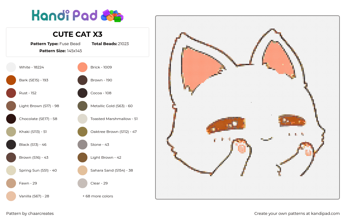 CUTE CAT X3 - Fuse Bead Pattern by chaarcreates on Kandi Pad - cat,kawaii,kitty,cute,animal,orange,white