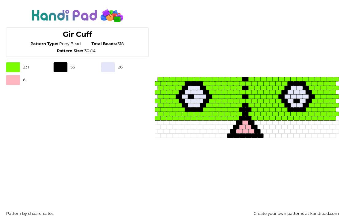 Gir Cuff - Pony Bead Pattern by chaarcreates on Kandi Pad - gir,invader zim,face,tongue,derpy,eyes,cuff,cartoon,tv show,green