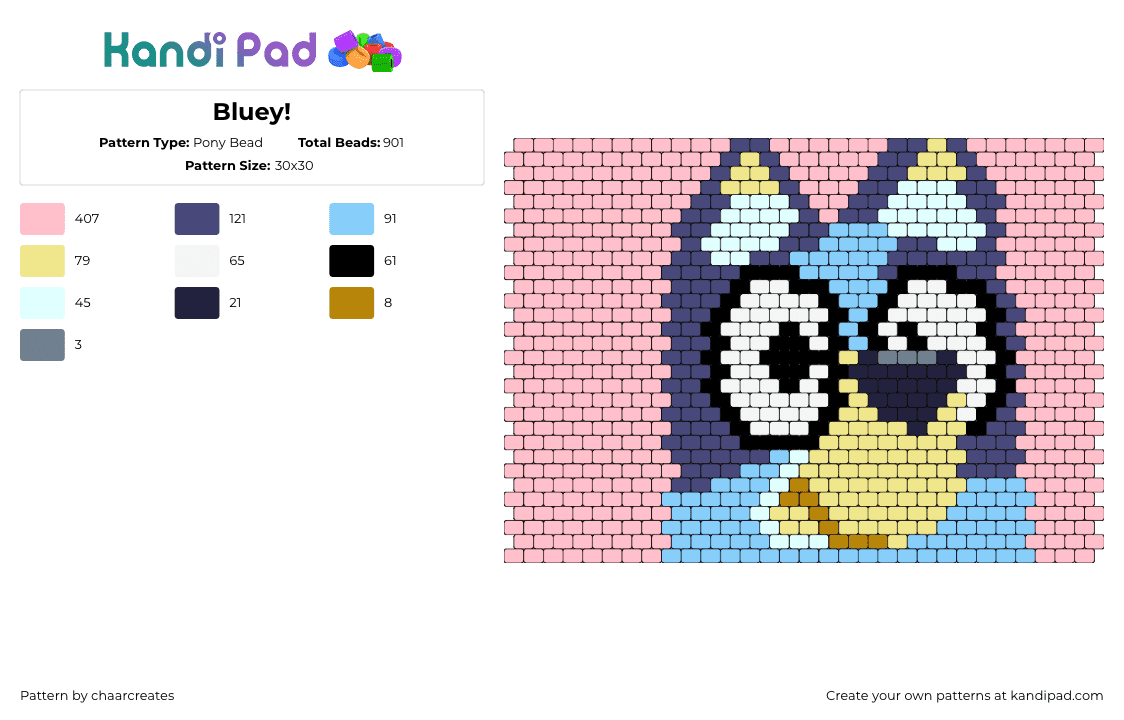 Bluey! - Pony Bead Pattern by chaarcreates on Kandi Pad - bluey,dog,character,panel,eyes,children,cartoon,tv show,orange,pink,blue,light blue,tan