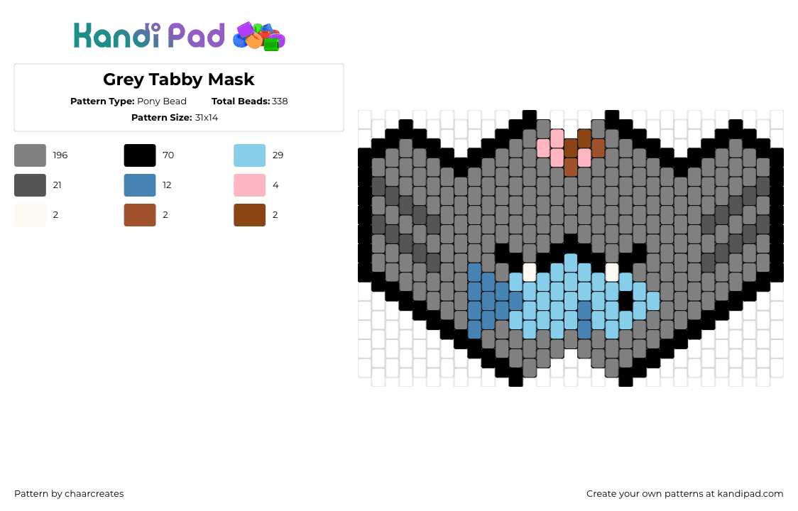 Grey Tabby Mask - Pony Bead Pattern by chaarcreates on Kandi Pad - tabby,cat,fish,mouth,mask,animal,gray,light blue