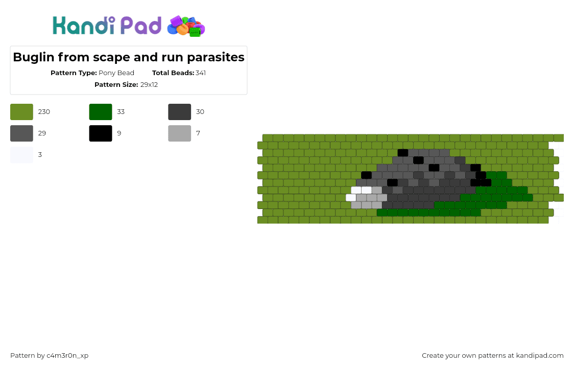 Buglin from scape and run parasites - Pony Bead Pattern by c4m3r0n_xp on Kandi Pad - buglin,scape and run,minecraft,video game,cuff,gray,green