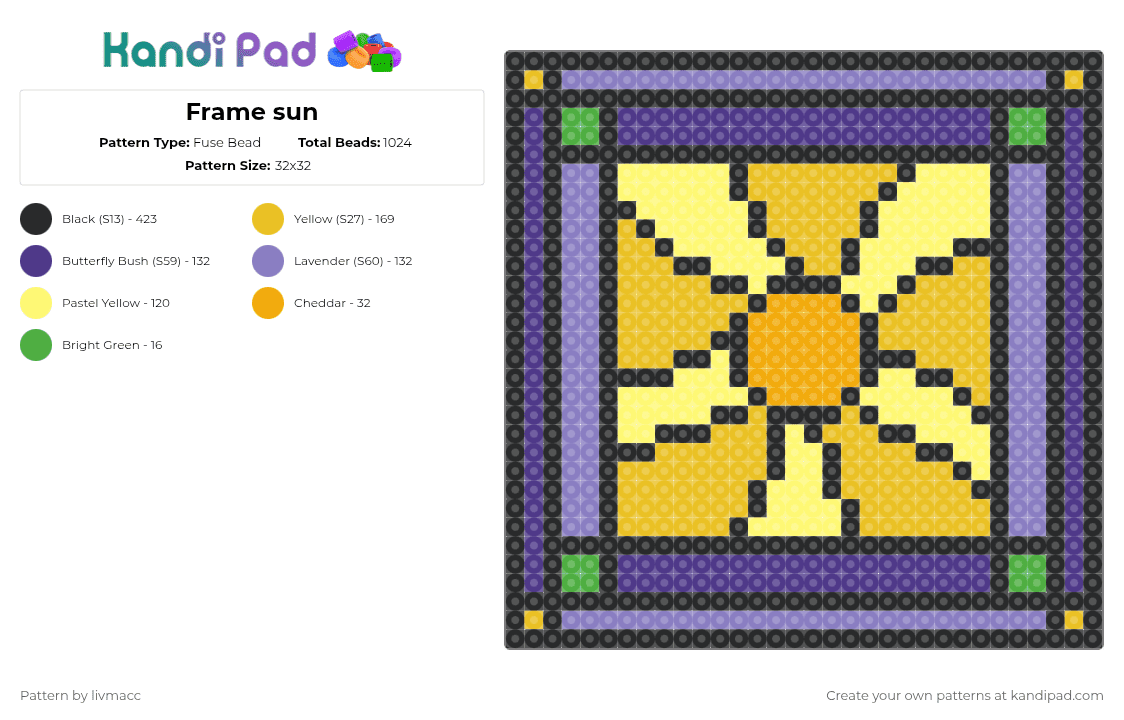Frame sun - Fuse Bead Pattern by livmacc on Kandi Pad - yellow,purple,pink