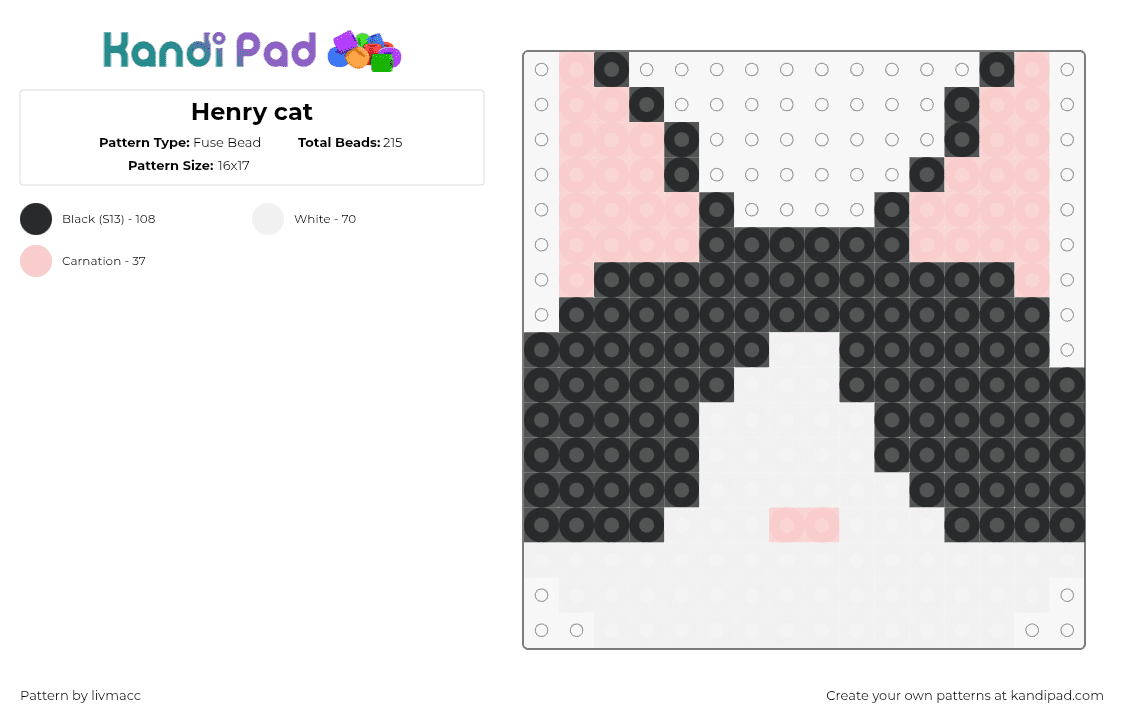 Henry cat - Fuse Bead Pattern by livmacc on Kandi Pad - cat,animal,pet,head,charm,black,white,pink