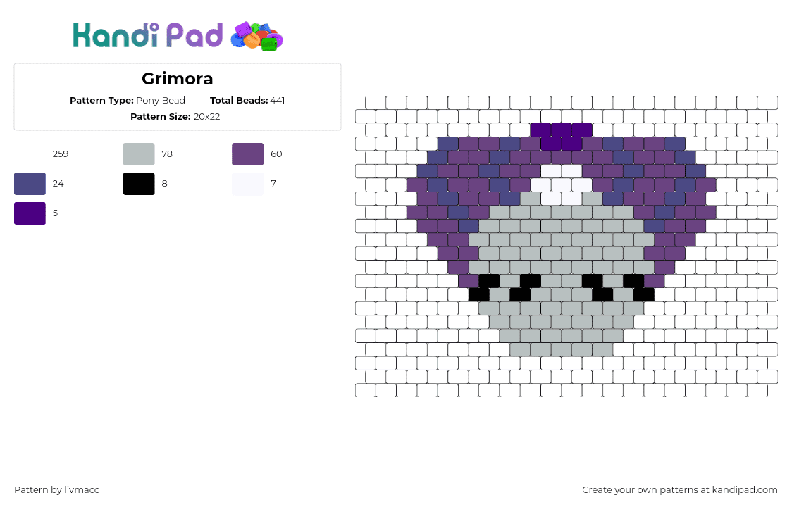 Grimora - Pony Bead Pattern by livmacc on Kandi Pad - grimora,inscryption,head,video game,gray,purple