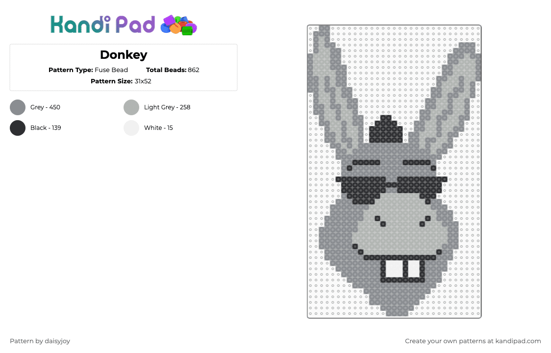 Donkey - Fuse Bead Pattern by daisyjoy on Kandi Pad - gray,beige,shrek,donkey