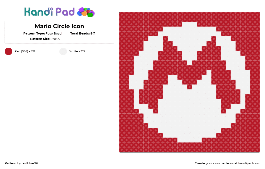 Mario Circle Icon - Fuse Bead Pattern by fastblue09 on Kandi Pad - mario,nintendo,logo,text,panel,coaster,video game,red,white