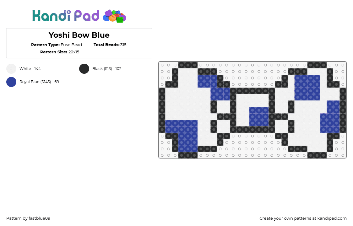 Yoshi Bow Blue - Fuse Bead Pattern by fastblue09 on Kandi Pad - yoshi,bow,mario,tie,spots,clothing,nintendo,video game,white,blue