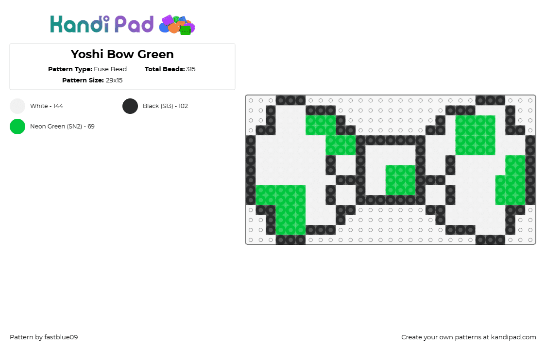 Yoshi Bow Green - Fuse Bead Pattern by fastblue09 on Kandi Pad - yoshi,bow,mario,tie,spots,clothing,nintendo,video game,white,green