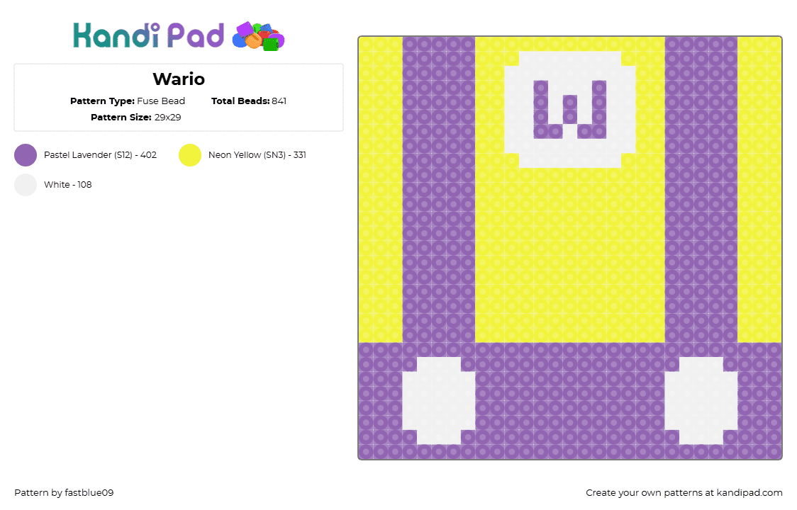 Wario - Fuse Bead Pattern by fastblue09 on Kandi Pad - wario,mario,nintendo,suspenders,clothing,video game,purple,yellow