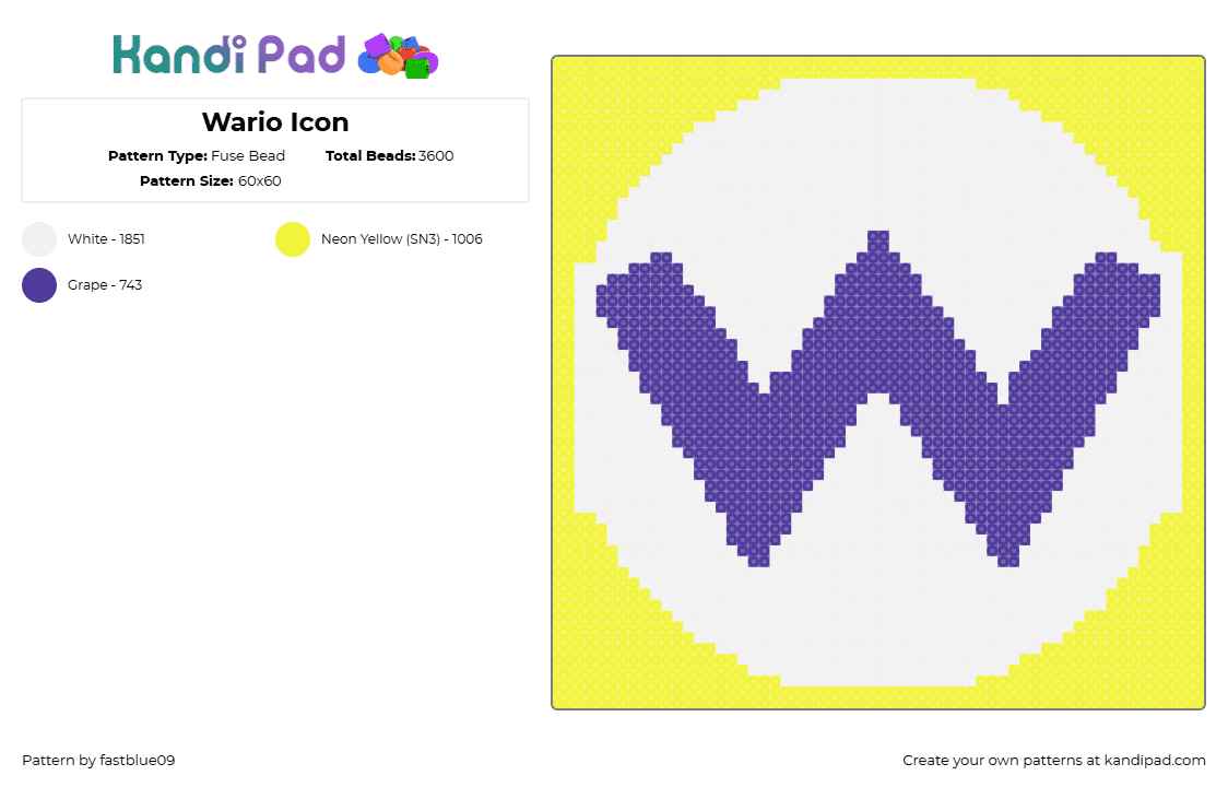 Wario Icon - Fuse Bead Pattern by fastblue09 on Kandi Pad - wario,nintendo,logo,text,panel,coaster,video game,purple,yellow,white