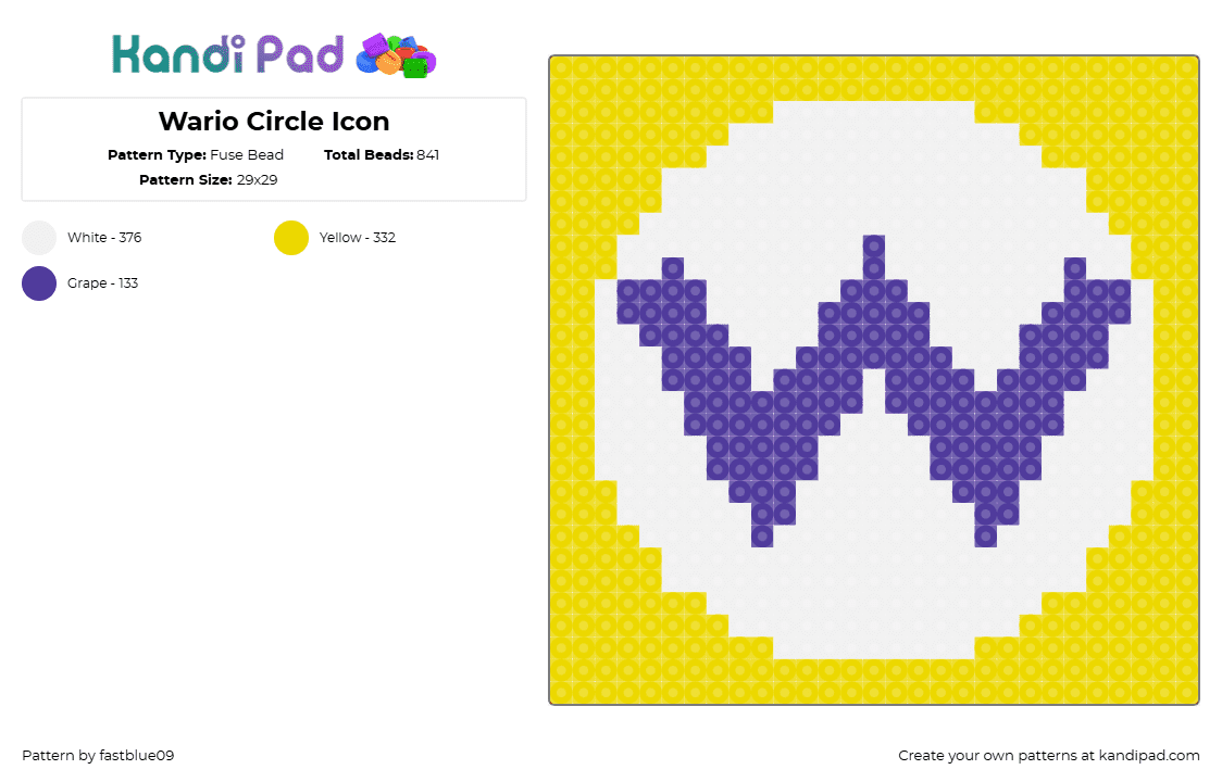 Wario Circle Icon - Fuse Bead Pattern by fastblue09 on Kandi Pad - wario,nintendo,logo,text,panel,coaster,video game,purple,yellow,white