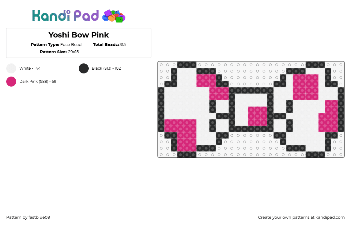 Yoshi Bow Pink - Fuse Bead Pattern by fastblue09 on Kandi Pad - yoshi,bow,mario,tie,spots,clothing,nintendo,video game,white,pink