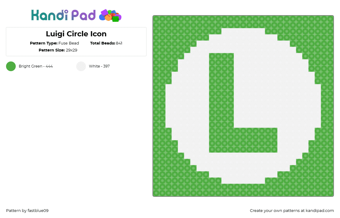 Luigi Circle Icon - Fuse Bead Pattern by fastblue09 on Kandi Pad - luigi,mario,nintendo,logo,text,panel,coaster,video game,green,white