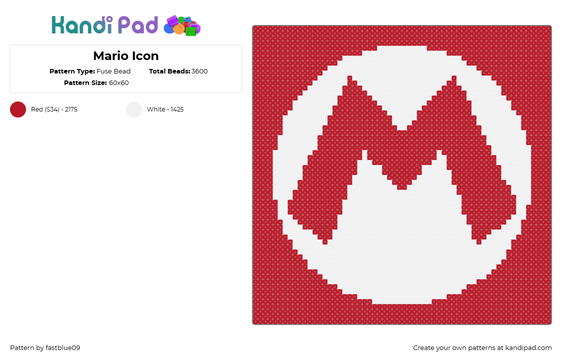 Mario Icon - Fuse Bead Pattern by fastblue09 on Kandi Pad - mario,nintendo,logo,text,panel,coaster,video game,red,white