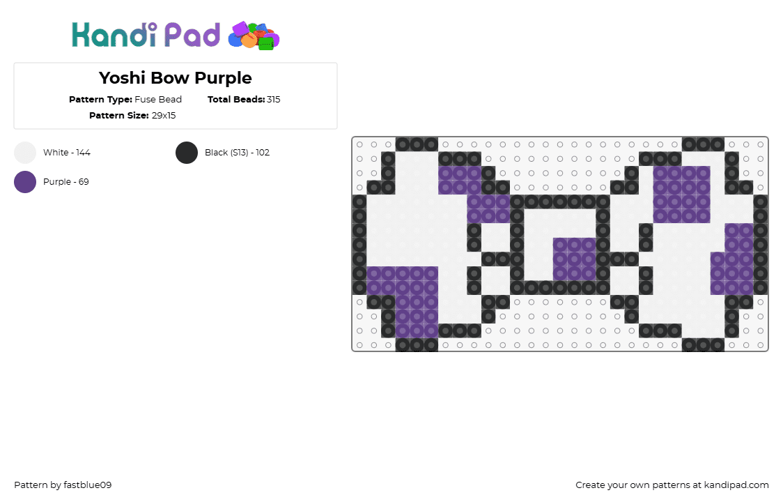 Yoshi Bow Purple - Fuse Bead Pattern by fastblue09 on Kandi Pad - yoshi,bow,mario,tie,spots,clothing,nintendo,video game,white,purple