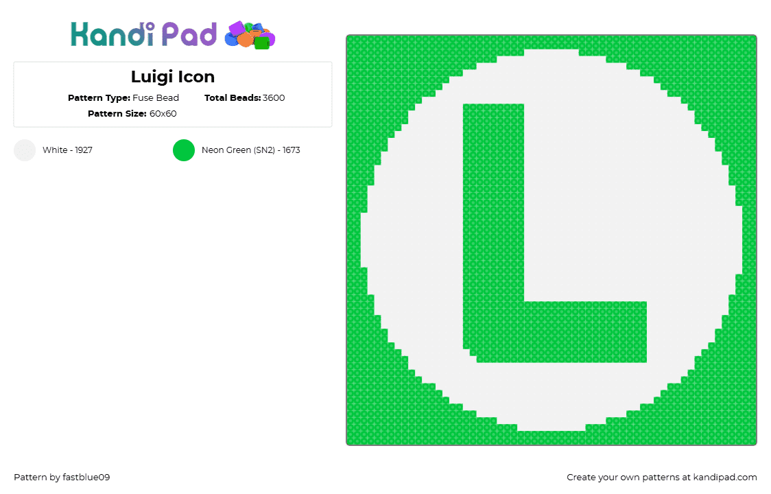 Luigi Icon - Fuse Bead Pattern by fastblue09 on Kandi Pad - luigi,mario,nintendo,logo,text,panel,coaster,video game,green,white