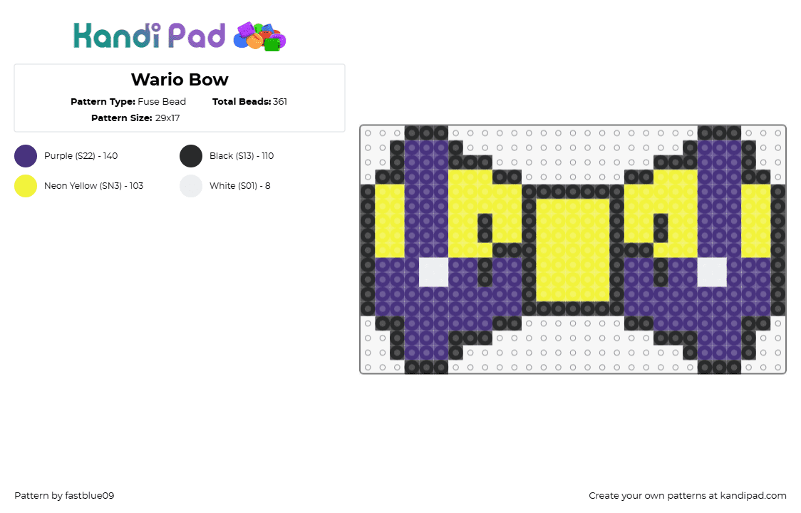 Wario Bow - Fuse Bead Pattern by fastblue09 on Kandi Pad - wario,bow,mario,tie,clothing,nintendo,video game,purple,yellow